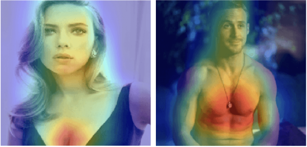 Areas of focus of a neural network via grad-cam on suggestive photos (Scarlett Johansson, Ryan Gosling)