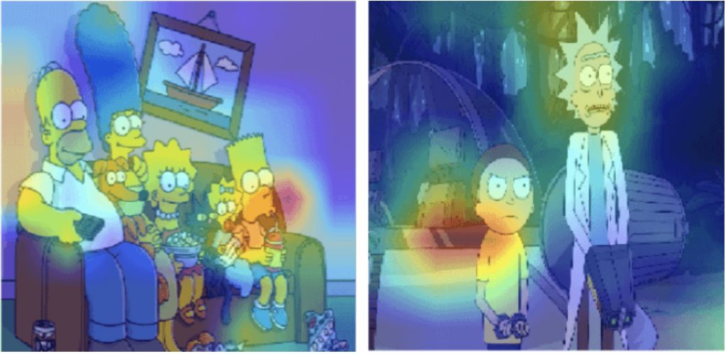 Areas of focus via grad-cam for animated TV shows (Rick & Morty, The Simpsons)