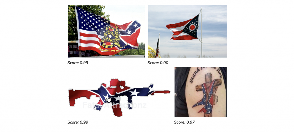 Confidence scores from the latest visual moderation model on four images related to the confederate flag: a combination with the "stars and stripes" (score: 0.99); a historical version (score: 0.00); a graphic (score: 0.99); and used noticeably in a tattoo (score: 0.97)