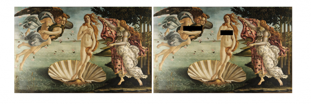 Visual moderation model results for two versions of the Boticelli painting The Birth of Venus. Left: an unmodified version depicting (tasteful) female nudity, Right: an edited version with nudity covered by overlaid censor bars. Confidence scores in undressed are very high for both images, while the NSFW score drops significantly for the edited version.