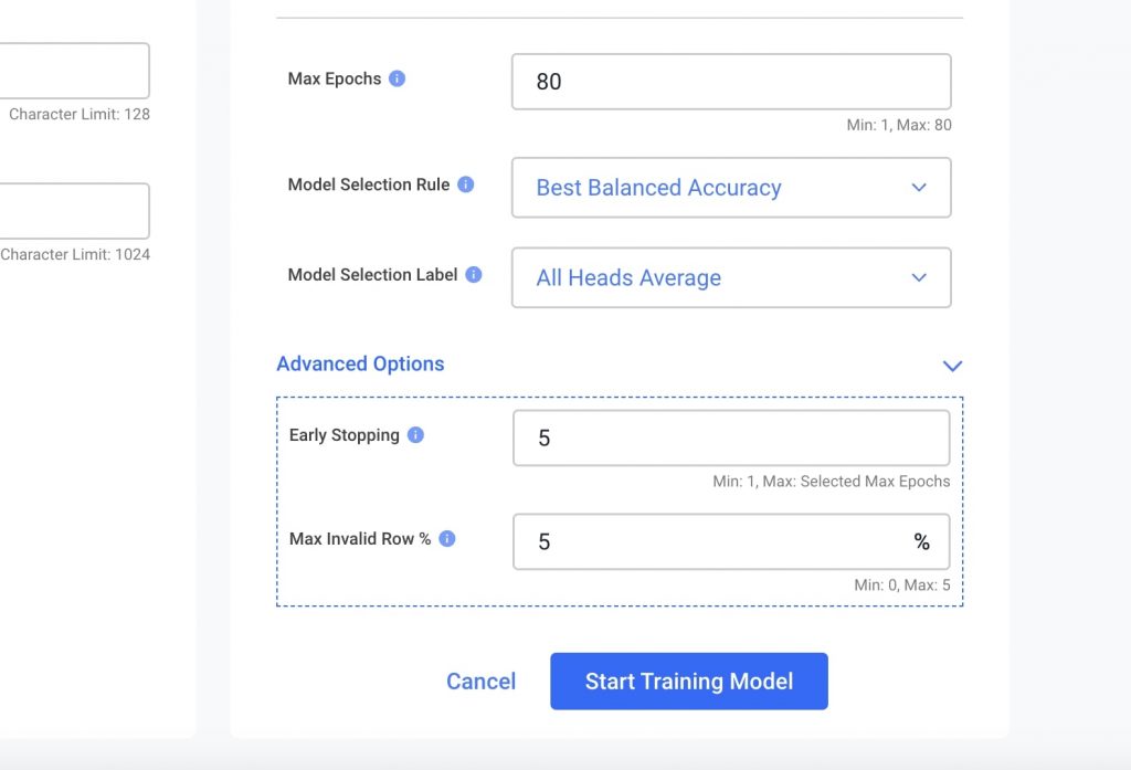 You'll be able to configure your training by choosing a model selection rule, maximum number of epochs, and more.