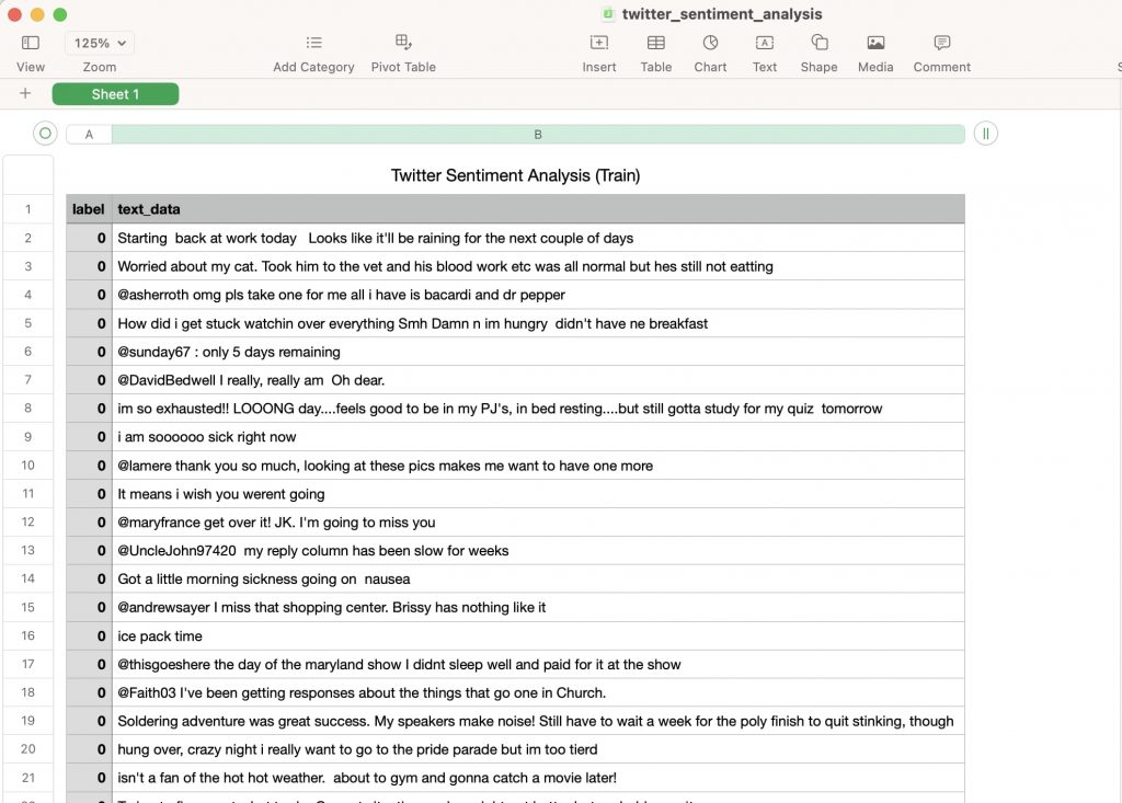 Our Twitter Sentiment Analysis data formatted correctly for our AutoML platform
