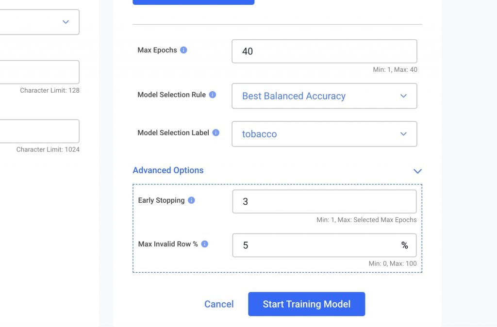 The training options you’re offered as you create your model include max epochs, model selection rule, and more.