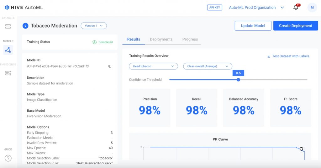 The model details page displays performance metrics once the model has completed training.